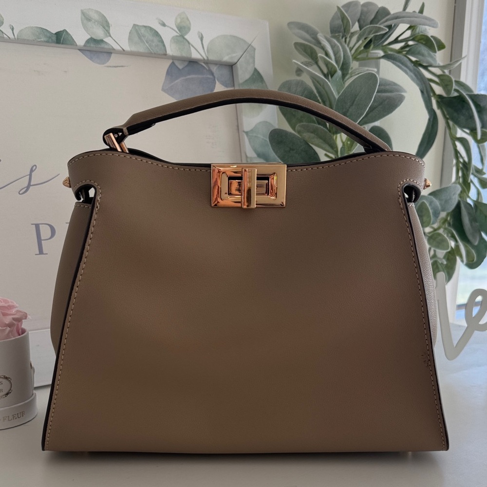 Taupe Structured Top-Handle Satchel with Gold Turn-Lock - Picture 4 of 16